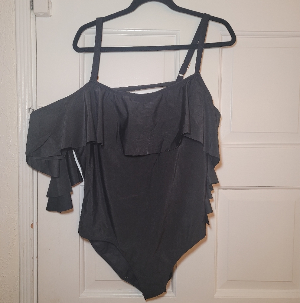 Rose Gal Black One Piece Swimsuit Vintage Off Shoulder Ruffled Bathing Suit